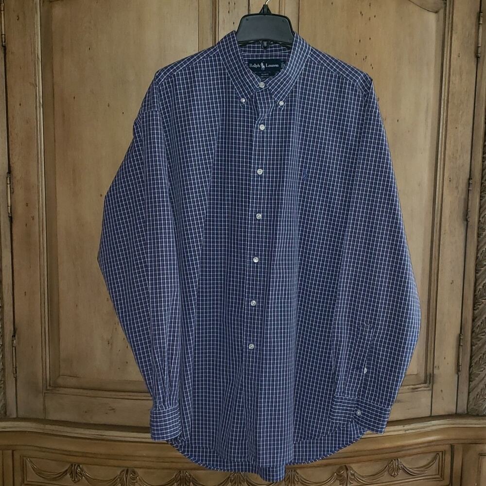 Ralph Lauren Mens BLAKE Button Front Shirt 100% 2 Poly Cotton Plaid Blue Size XL
